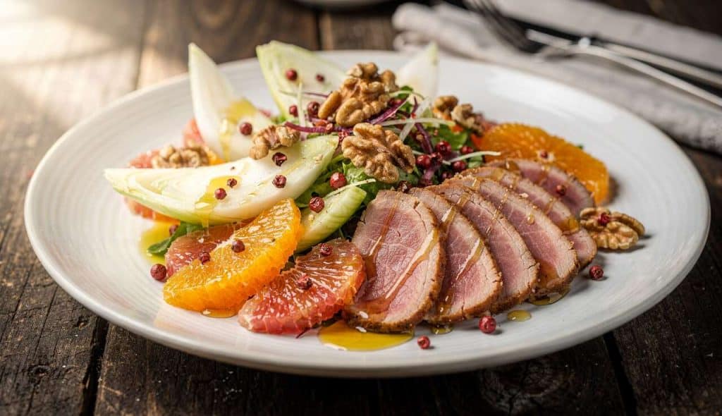 Salade croquante de fenouil mariné, agrumes et magret de canard fumé