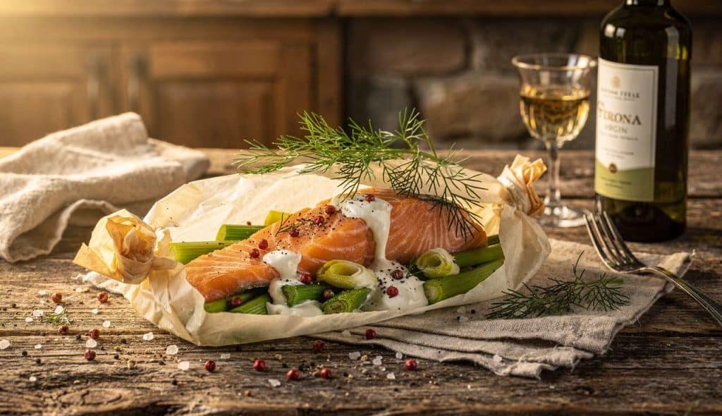 Papillote de saumon aux jeunes poireaux et crème