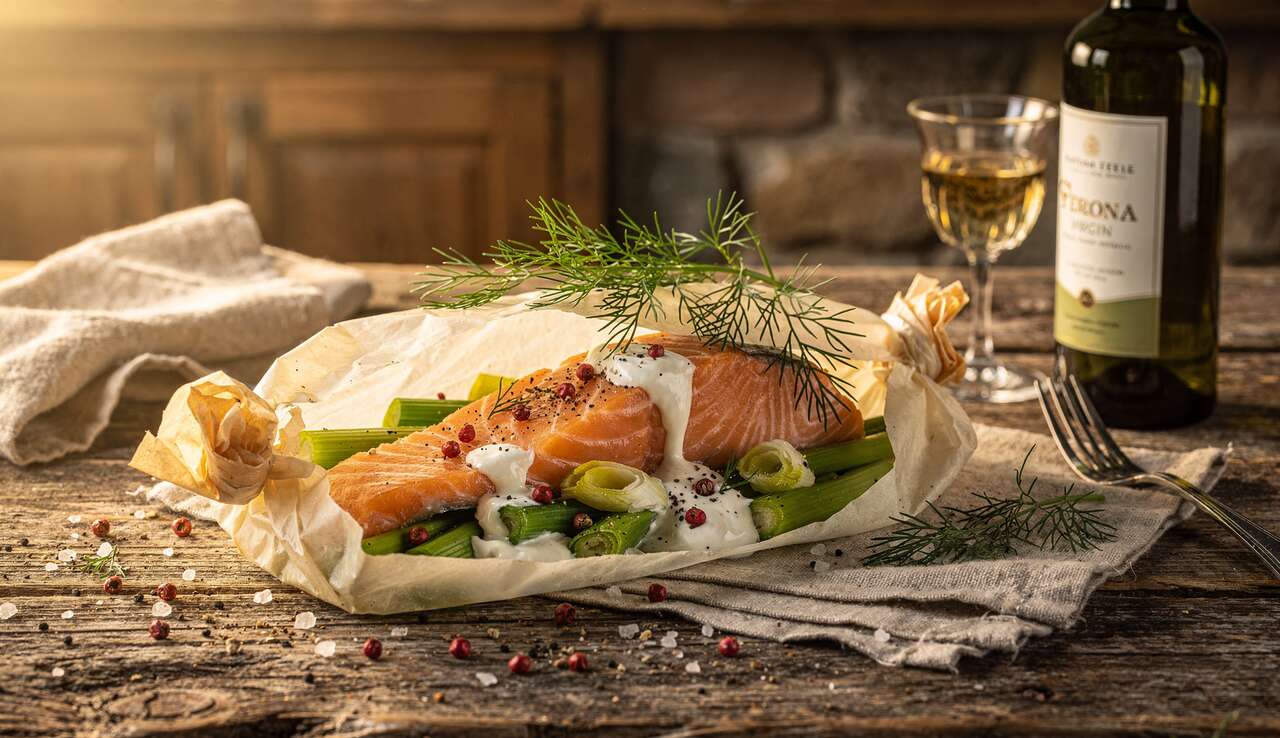 Papillote de saumon aux jeunes poireaux et crème
