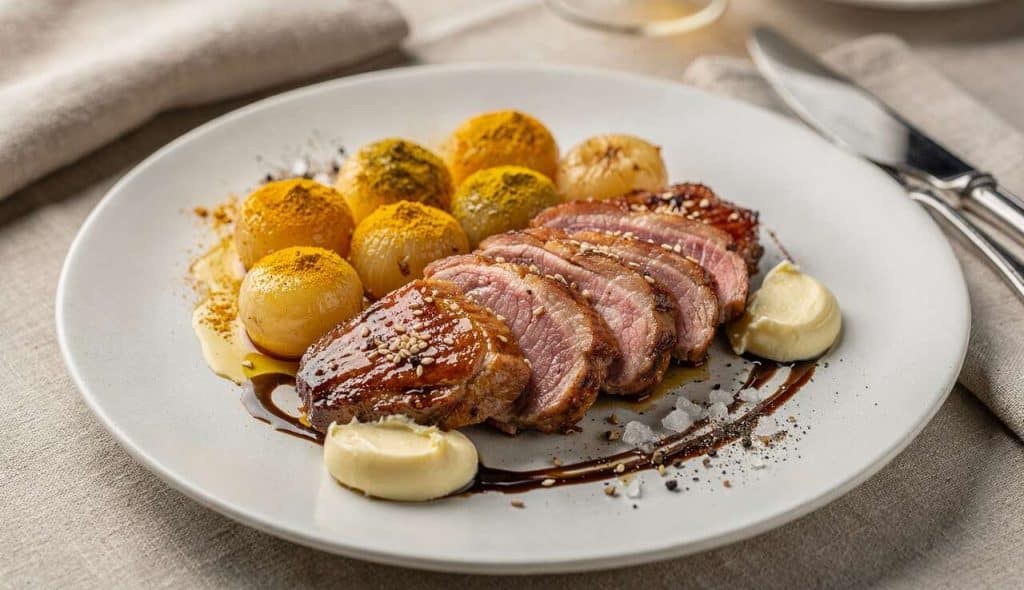 Filet de canette laqué : recette gourmande aux navets glacés au curcuma