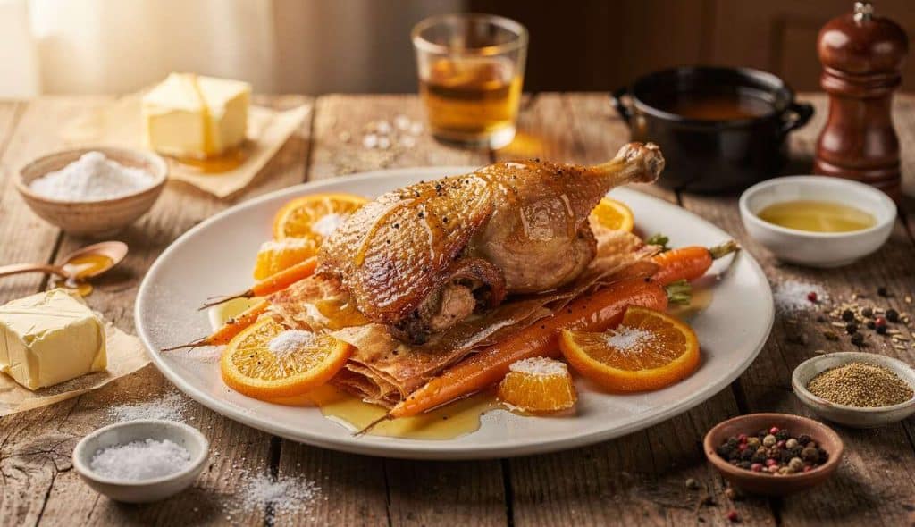 Croustillant de canard : recette à l'orange et carottes glacées