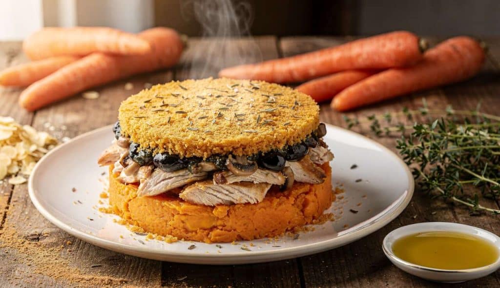 Parmentier de carottes au poulet et tapenade de champignons