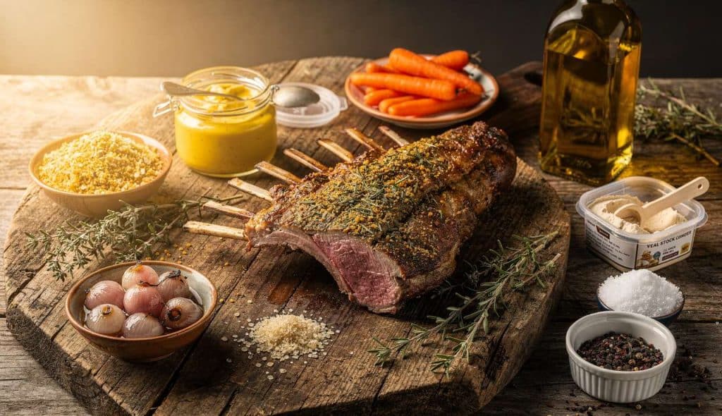 Carré d'agneau en croûte d'herbes et légumes glacés