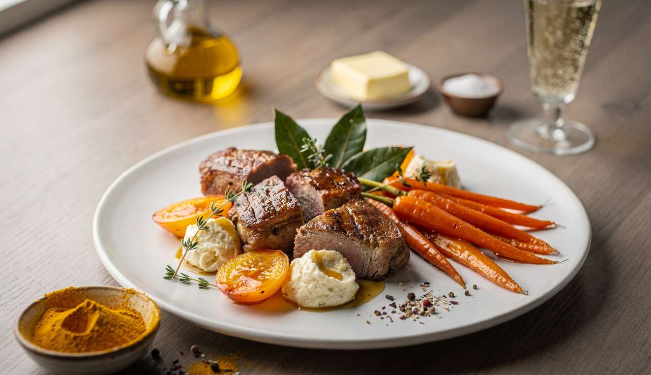 Moelleux de veau au chèvre, vichy au curcuma et carottes glacées
