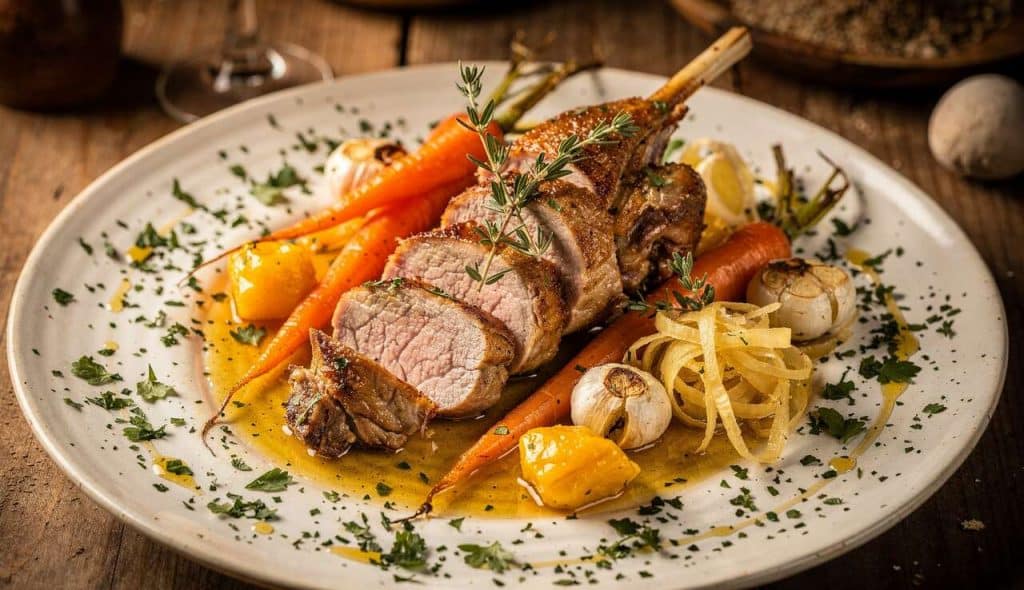 Râbles de lapin au citron confit et carottes glacées au gingembre