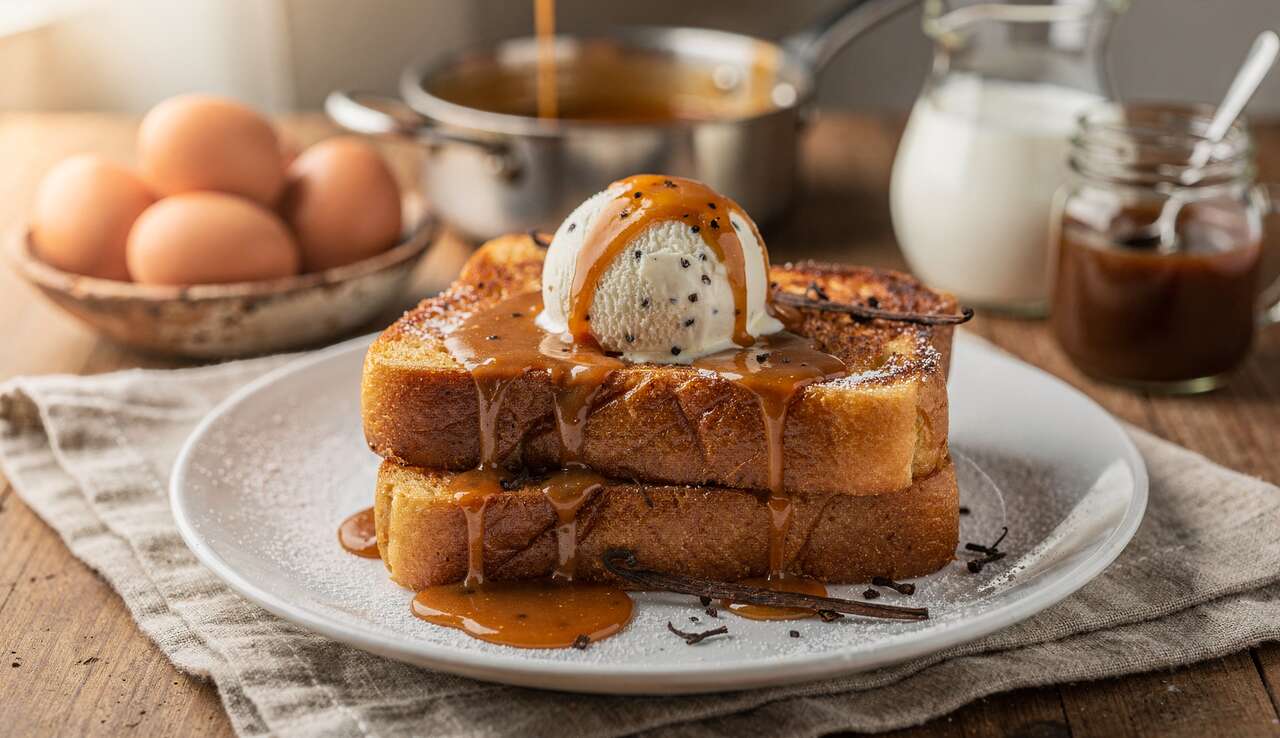 Pain Perdu : délice à la Glace Vanille et Sauce Caramel