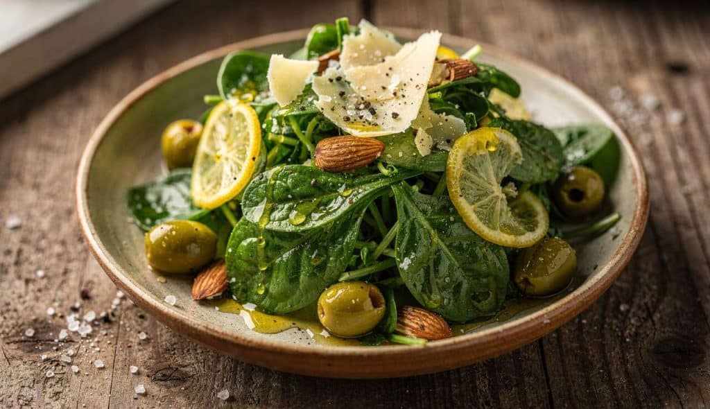 Salade de pousses d'épinard au citron confit et olives vertes
