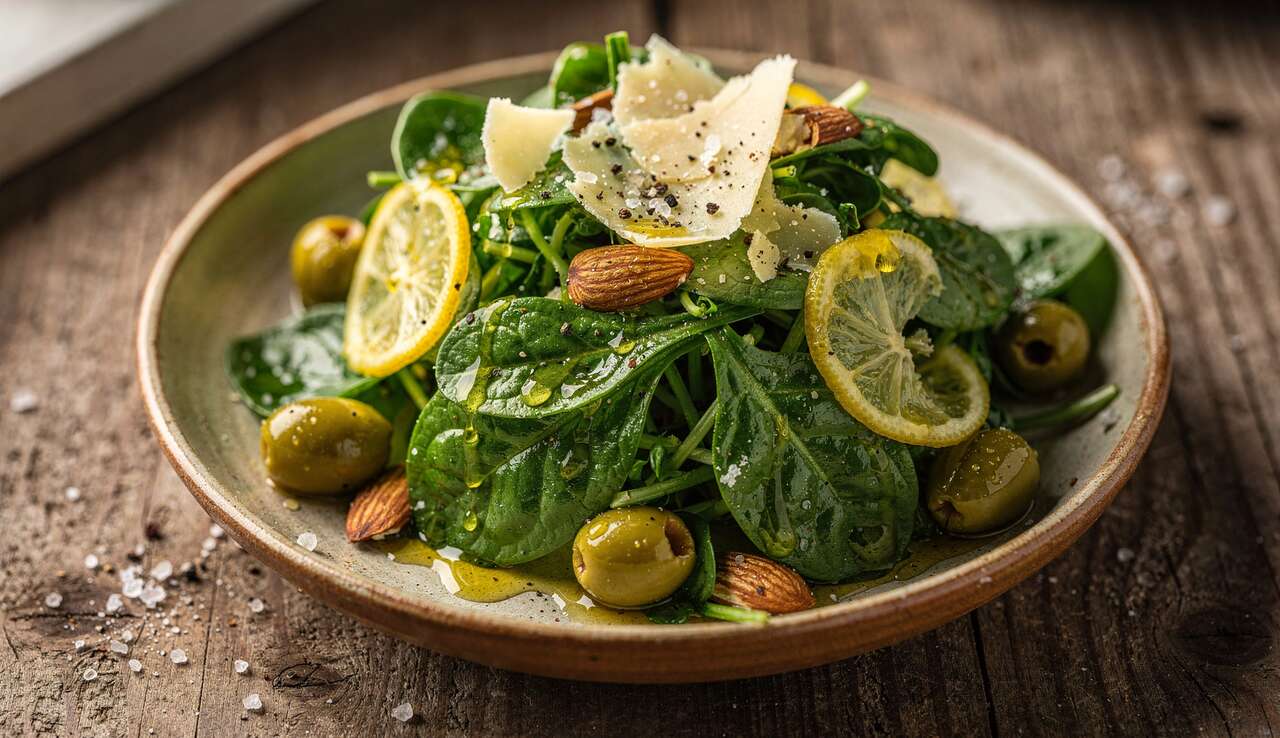 Salade de pousses d'épinard au citron confit et olives vertes