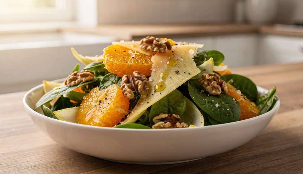 Salade de pousses d'épinard, endives, orange et Comté