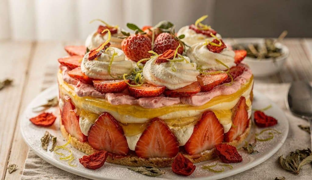 Charlotte aux fraises, citron vert et gelée de verveine