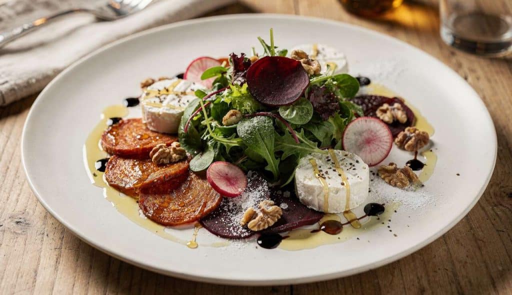 Salade de chorizo au chèvre, carpaccio de betterave et radis confits