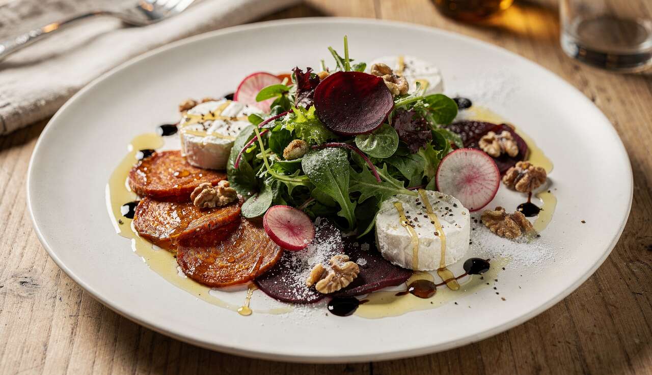 Salade de chorizo au chèvre, carpaccio de betterave et radis confits