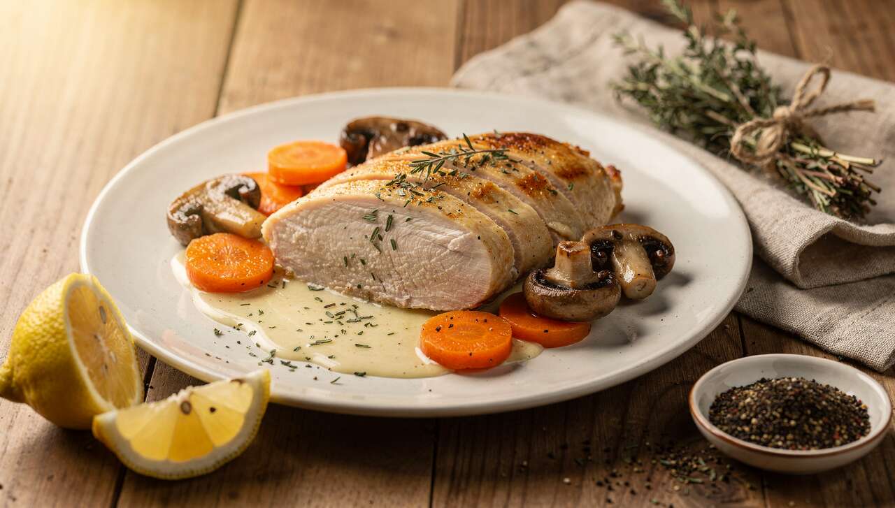 Suprême de poulet poché aux carottes et champignons : recette gourmande