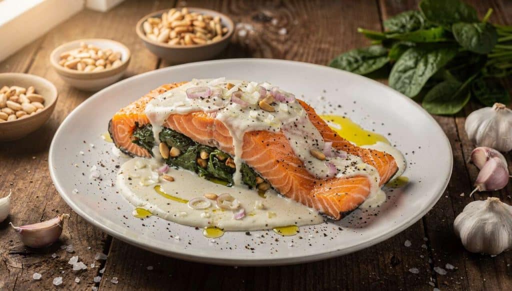 Rôti de saumon aux épinards et pignons : recette savoureuse