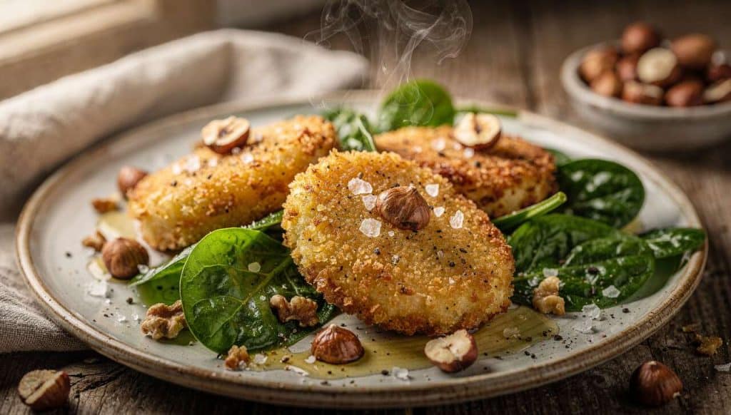 Croustillants de camembert à la noisette : recette avec salade de pousses d'épinard
