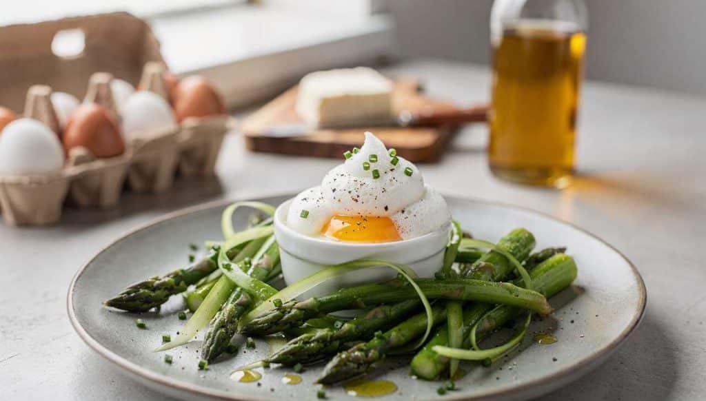 Œuf Cocotte, espuma de Brousse et Salade d'Asperges : recette Gourmet