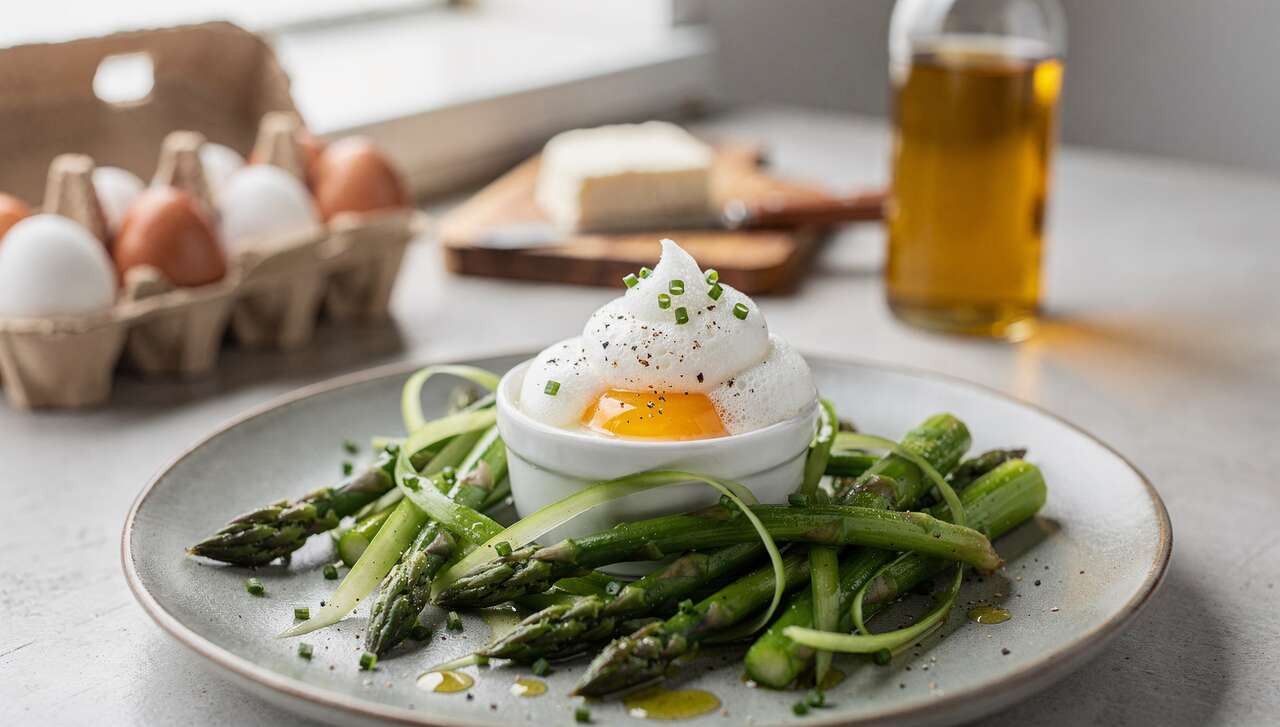 Œuf Cocotte, espuma de Brousse et Salade d'Asperges : recette Gourmet