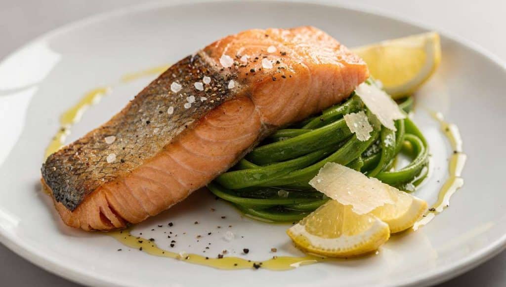Dos de saumon à l'unilatérale et tagliatelles d'asperges