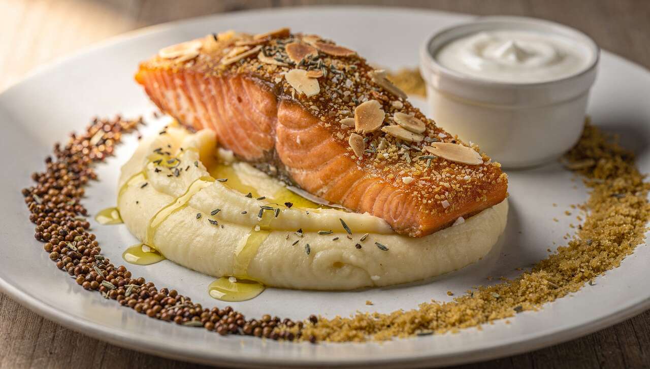 Pavé de saumon pané à l'amande et écrasé de panais