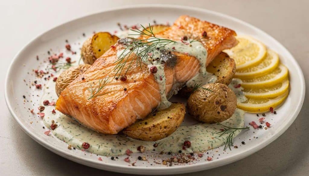 Saumon à l'unilatérale : recette aux pommes de terre et crème d'aneth
