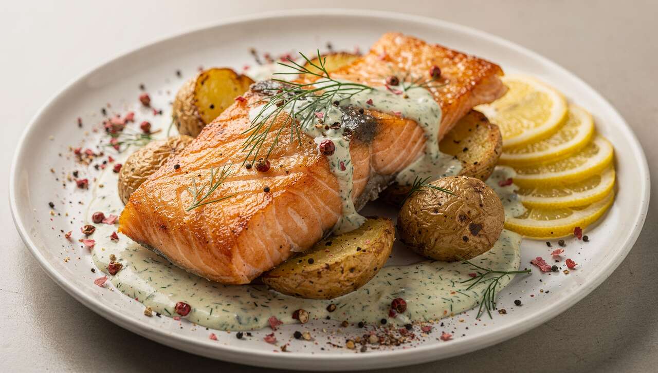 Saumon à l'unilatérale : recette aux pommes de terre et crème d'aneth