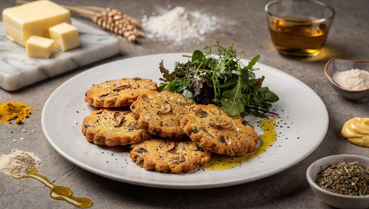 Sablés au parmesan et champignons, salade d'herbes