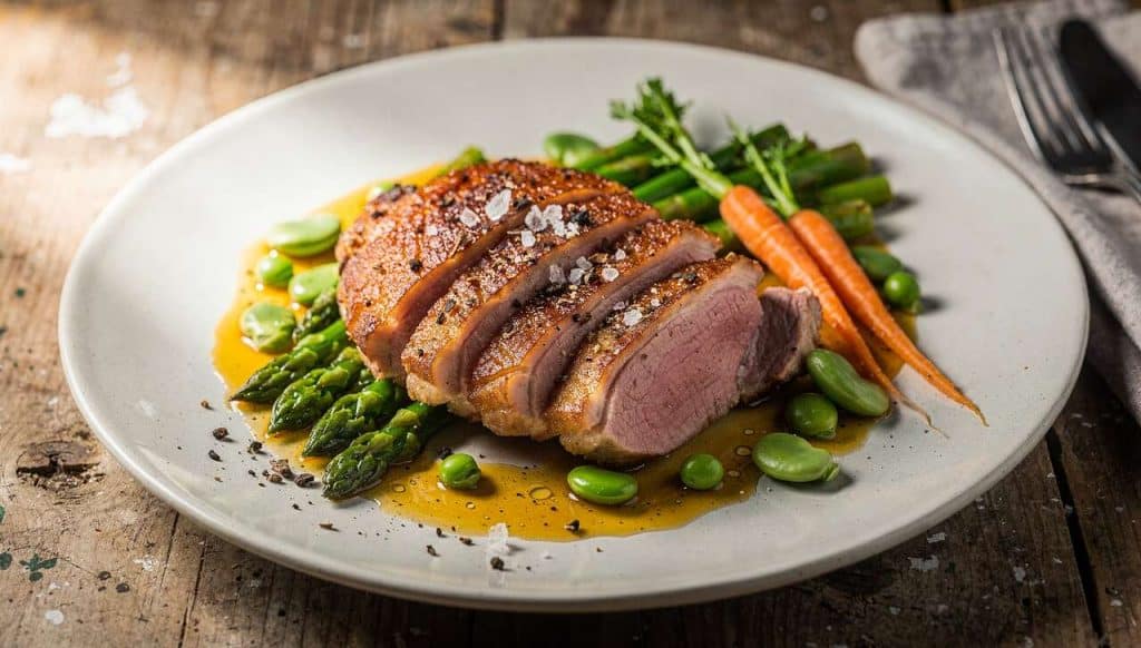 Recette de magret de canard rôti aux légumes printaniers et beurre yuzu