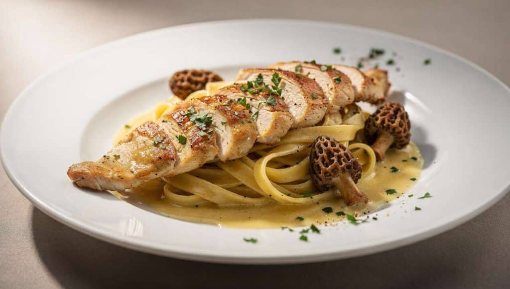 Aiguillettes de poulet au vin jaune et tagliatelles aux champignons