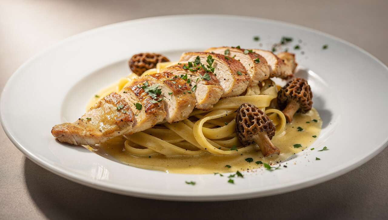Aiguillettes de poulet au vin jaune et tagliatelles aux champignons