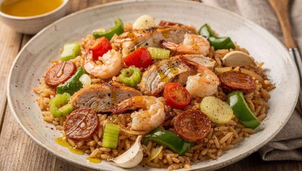 Recette Jambalaya : riz Moelleux aux Gambas et Poulet