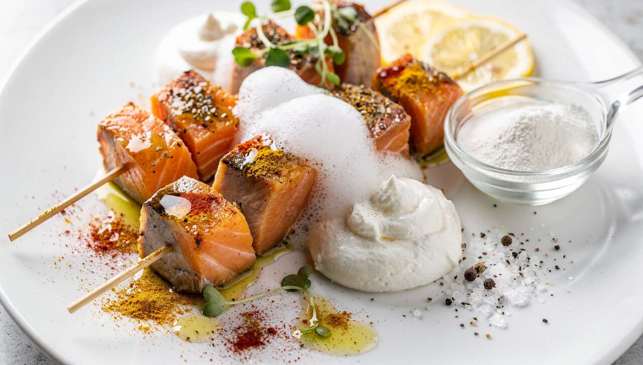 Mini Brochettes de Saumon et Espadon avec Espuma aux 11 Épices