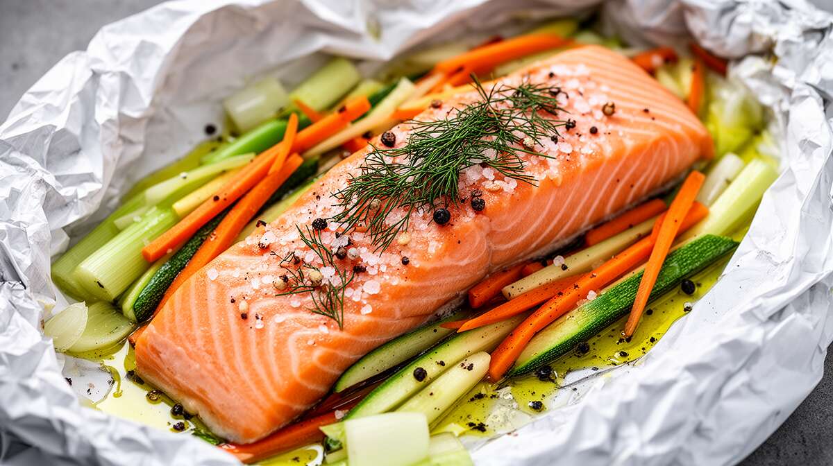 Papillote de saumon à l'huile de truffe et légumes croquants