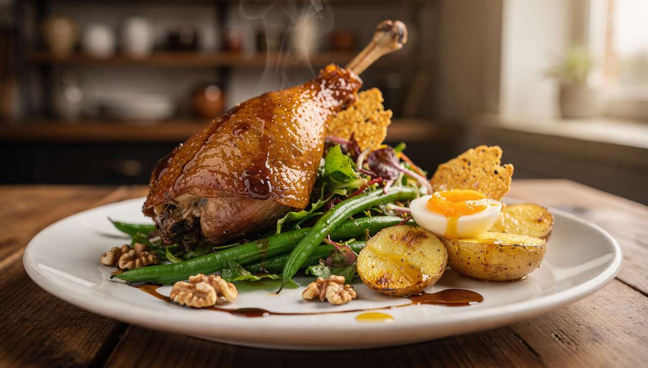 Recette de cuisse de canard confite : salade paysanne et œuf de caille