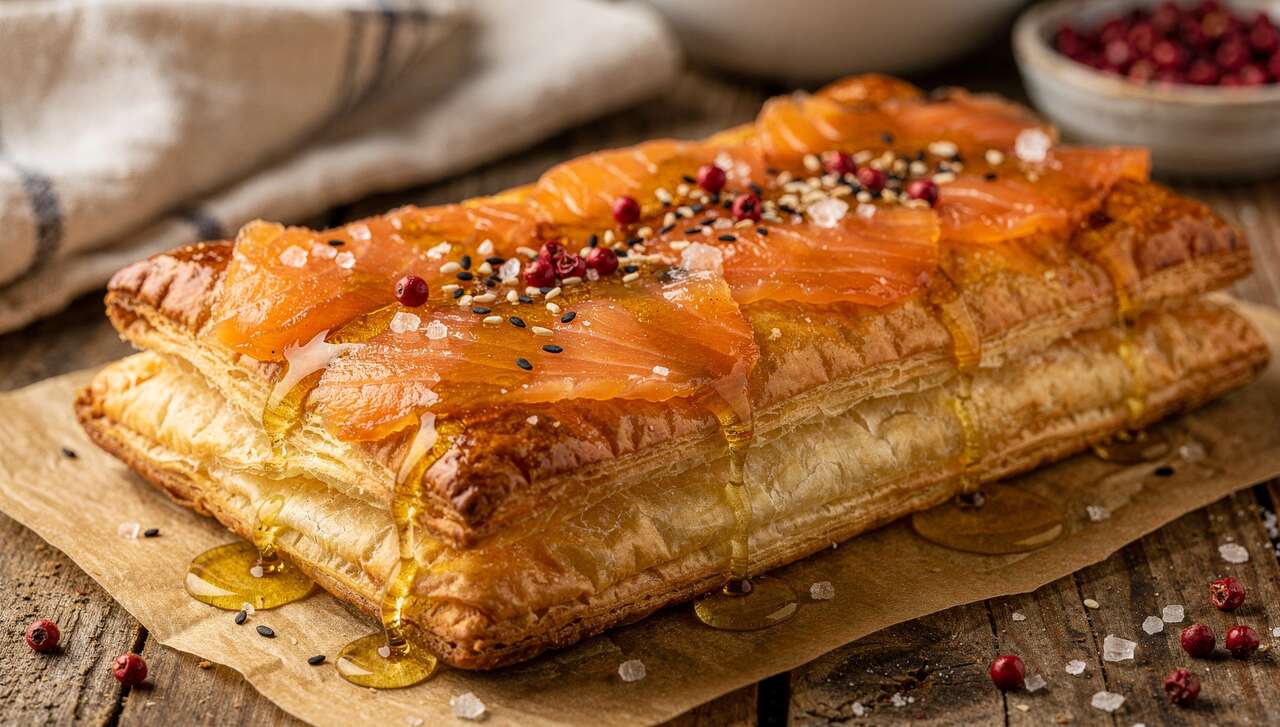 Sacristain de saumon laqué au miel de bière et baies roses