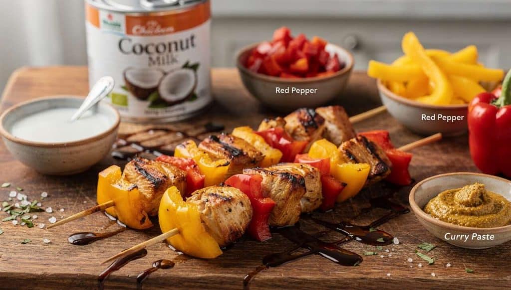 Brochette de poulet au lait de coco, ananas et poivrons