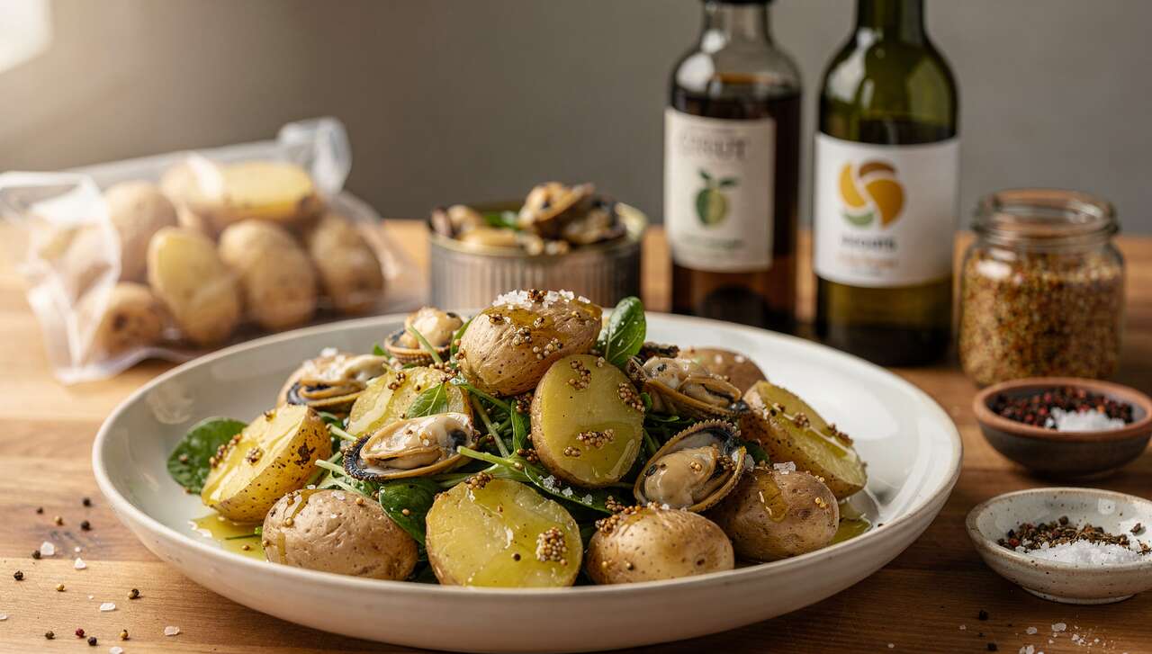 Salade de pommes de terre primeurs aux coques : vinaigrette aux agrumes