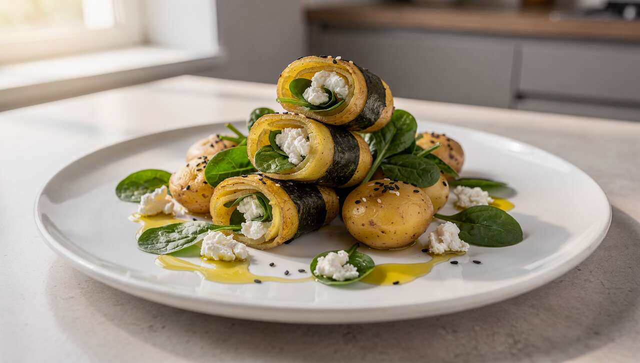 Maki de pommes de terre primeurs au Broccio et salade d'épinards