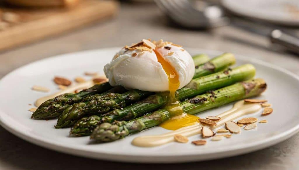 Œuf poché, salade d'asperges et coulis d'amandes