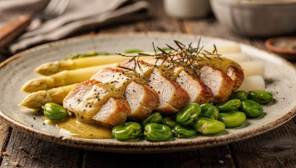 Poulet à l'estragon aux asperges et fèves : recette facile et savoureuse