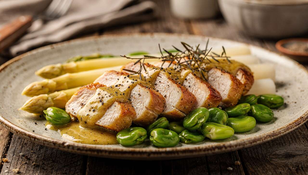 Poulet à l'estragon aux asperges et fèves : recette facile et savoureuse