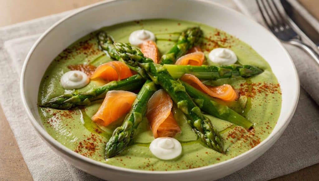 Crème d'asperges vertes, saumon fumé et émulsion de chèvre