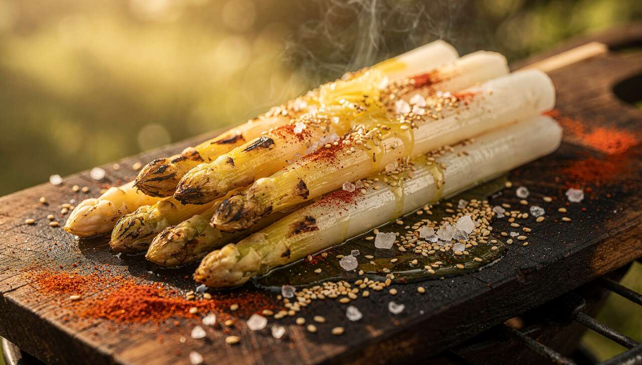 Brochettes d'asperges blanches grillées au barbecue : recette gourmande