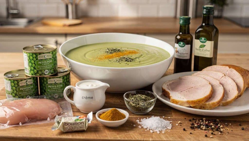 Velouté de petits pois à la menthe et ballotine de poulet au gingembre