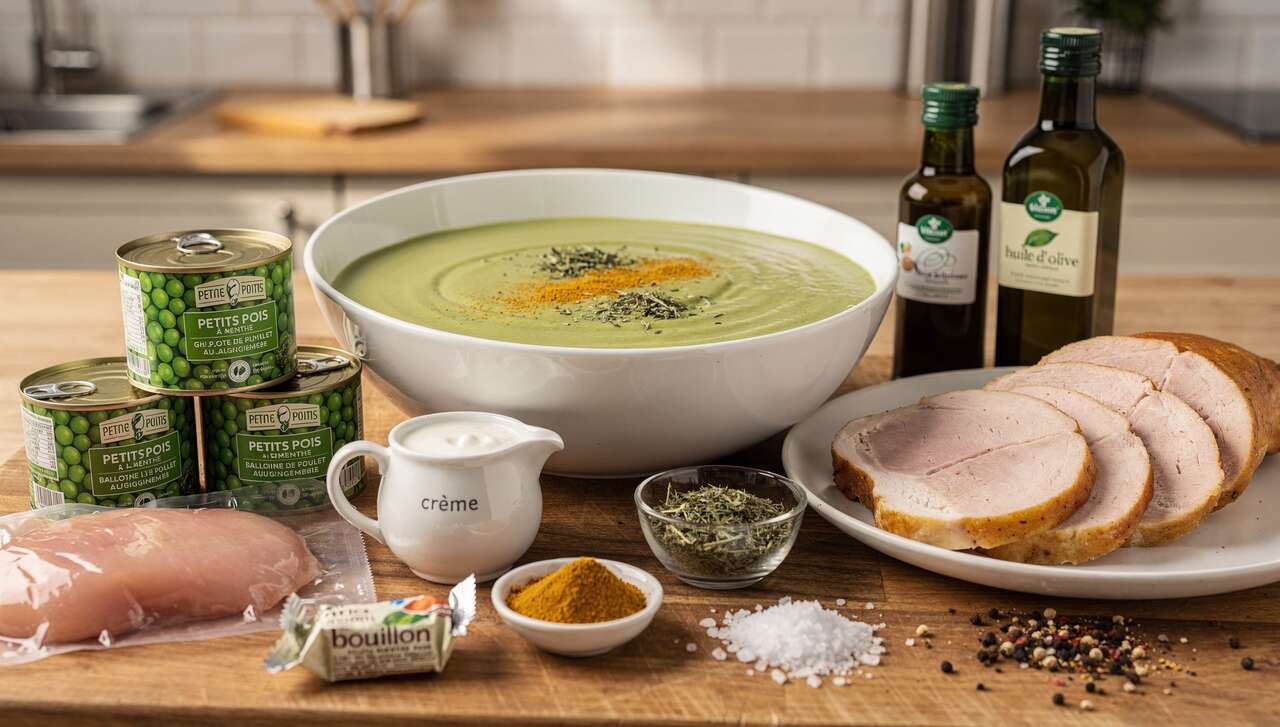 Velouté de petits pois à la menthe et ballotine de poulet au gingembre