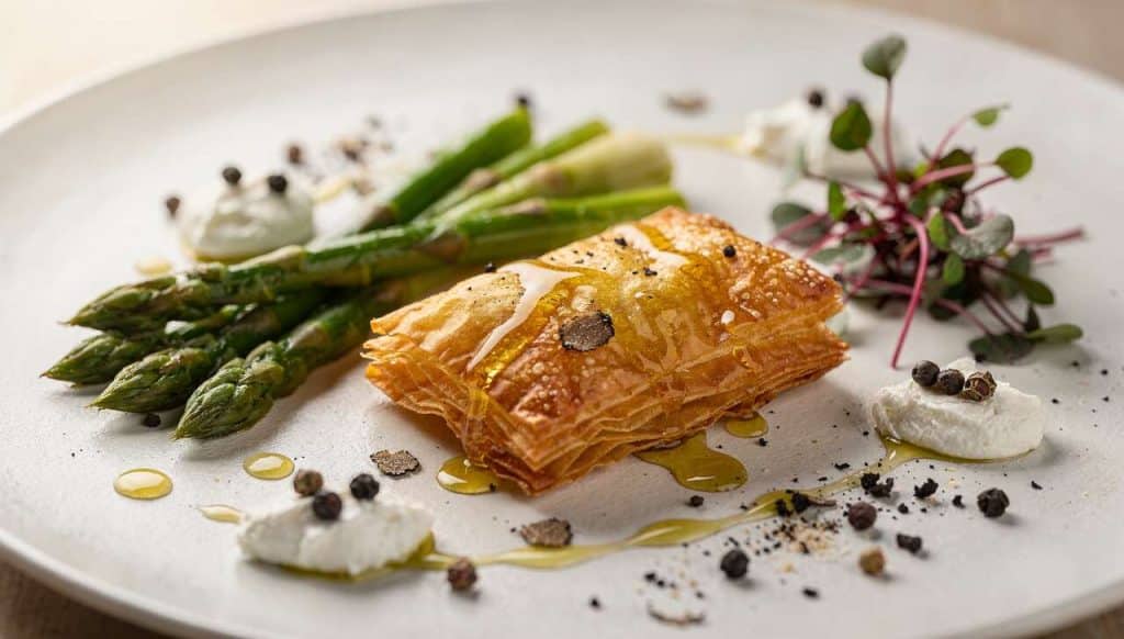 Croustillant au miel de truffe : recette gourmande aux asperges et pousses de betterave
