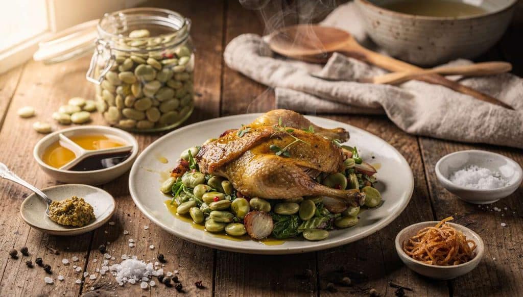 Salade tiède de fèves aux cailles : recette gourmande