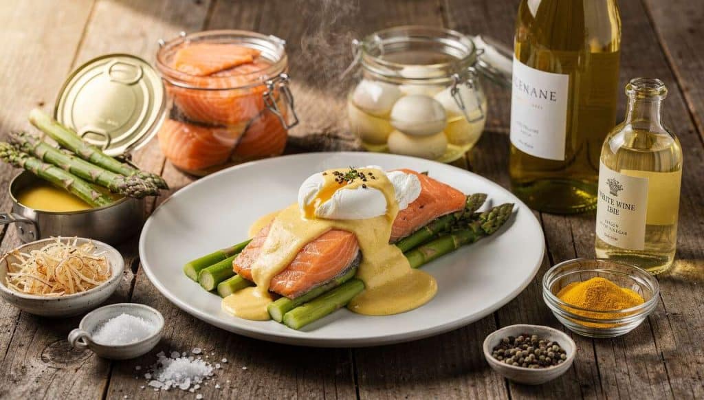 Marinière de saumon aux asperges et œuf poché, sauce hollandaise