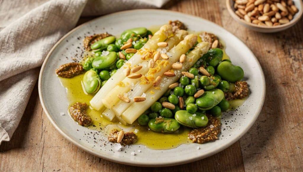 Salade d'asperges, petits pois, fèves et pignons : recette gourmande et facile