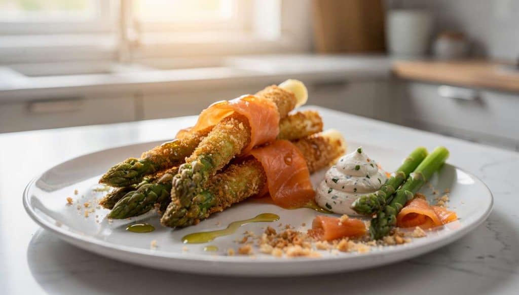 Asperges panées au saumon fumé : recette avec chantilly au raifort