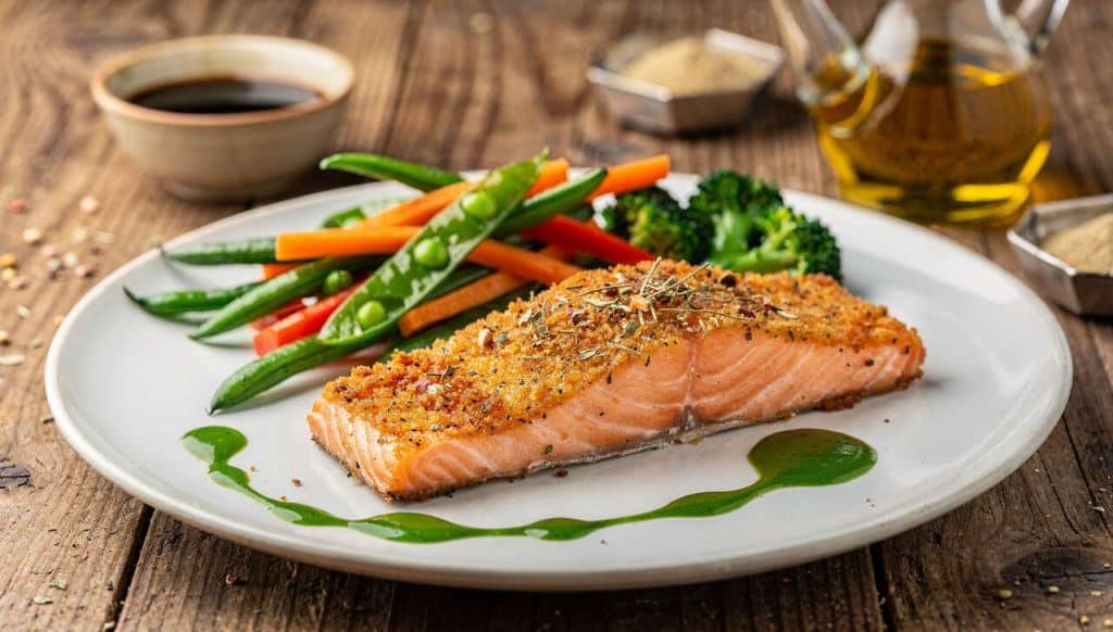 Pavé de saumon en croûte d'herbes, légumes au wok et jus de persil